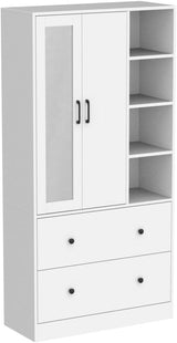 Wardrobe Armoire Wooden Closet with Mirror, 2 Doors, 2 Drawers