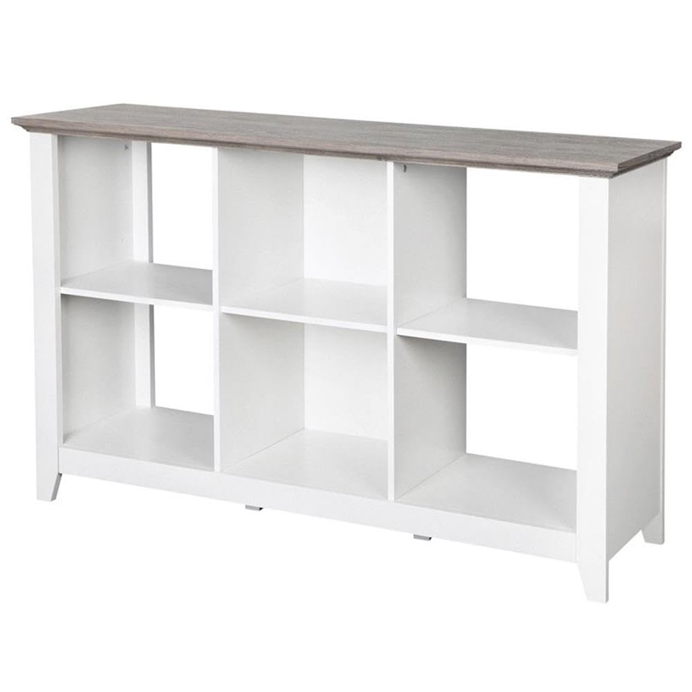 6-Shelf Modern Wood Storage Cube Bookcase, Square Organizer Cubby, White/Driftwood
