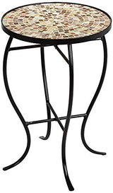 Teal Island Designs Mother of Pearl Modern Black Metal Round Outdoor Accent Side Table 14" Wide Natural Mosaic Tile Tabletop Gracefully Curved Legs for Spaces Porch Patio Home House Balcony Deck - Bircata