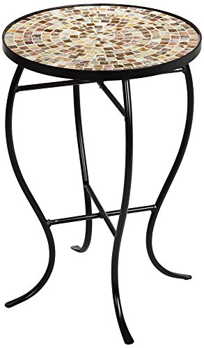 Teal Island Designs Mother of Pearl Modern Black Metal Round Outdoor Accent Side Table 14" Wide Natural Mosaic Tile Tabletop Gracefully Curved Legs for Spaces Porch Patio Home House Balcony Deck - Bircata