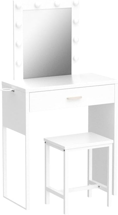 Vanity Desk with Mirror and Lights, White Vanity Table and Chair Set, Brightness Adjustable,