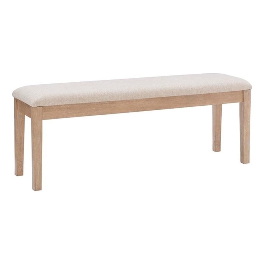 Miles Sturdy Wood Bench Light Beige Padded Seat in Natural Lacquer