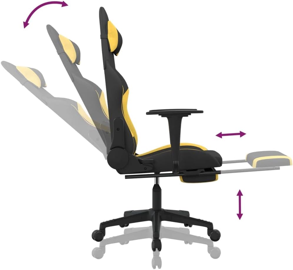 Adjustable Gaming Chair with Footrest - Black and Yellow Fabric