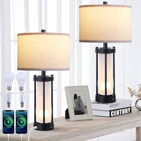 Modern Table Lamps Set of 2, with Night Light Gradient Blue Glass Bedside Table Lamp