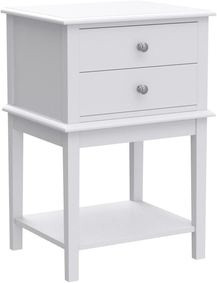 White Nightstand 2 Drawers and Storage Shelf, 28" High Bedroom Night Stand