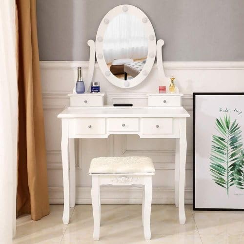 White Makeup Vanity with Lighted Mirror, Round Led Mirror Vanity