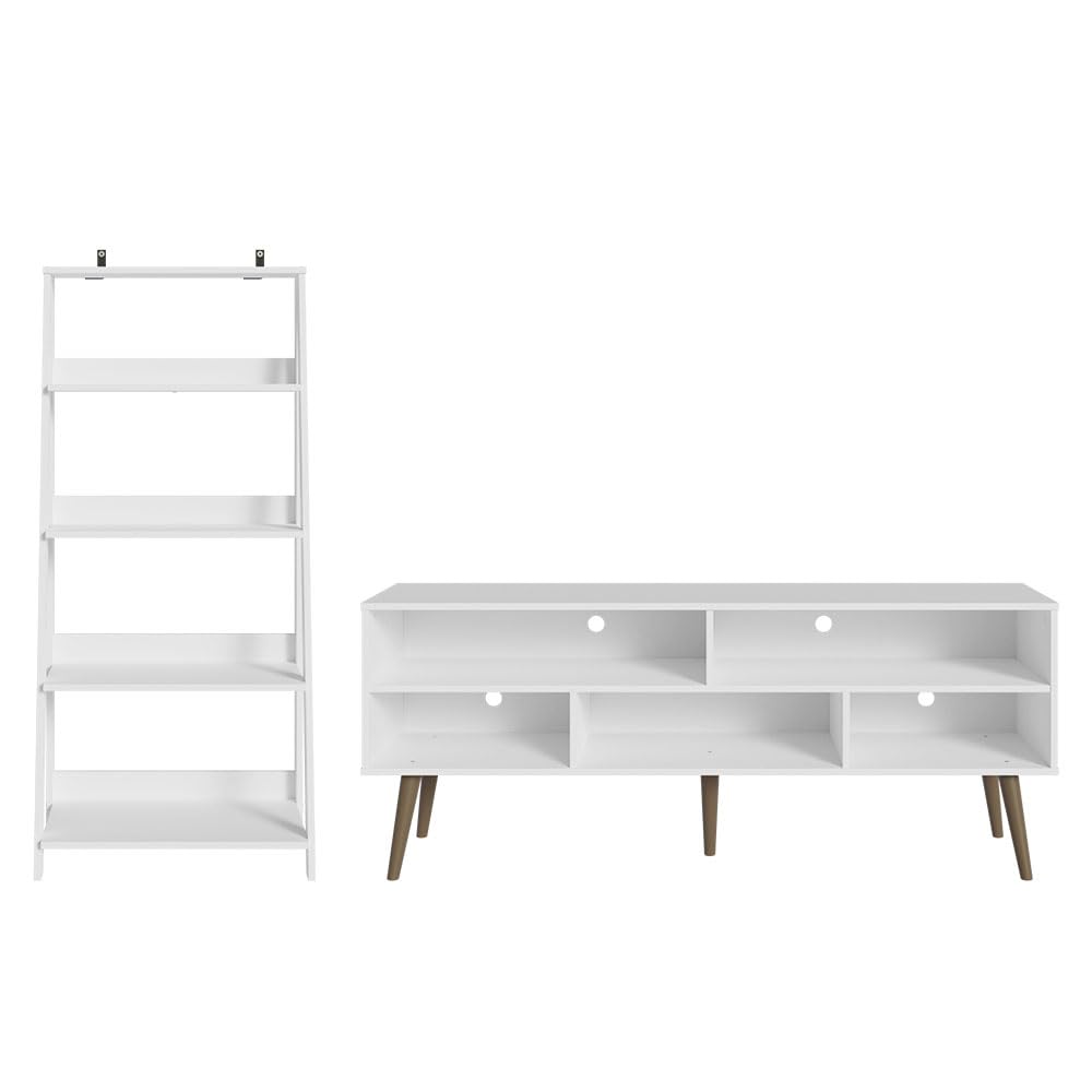TV Stand with 1 Door and 4 Shelves + Ladder Shelf Standing Bookcase - White