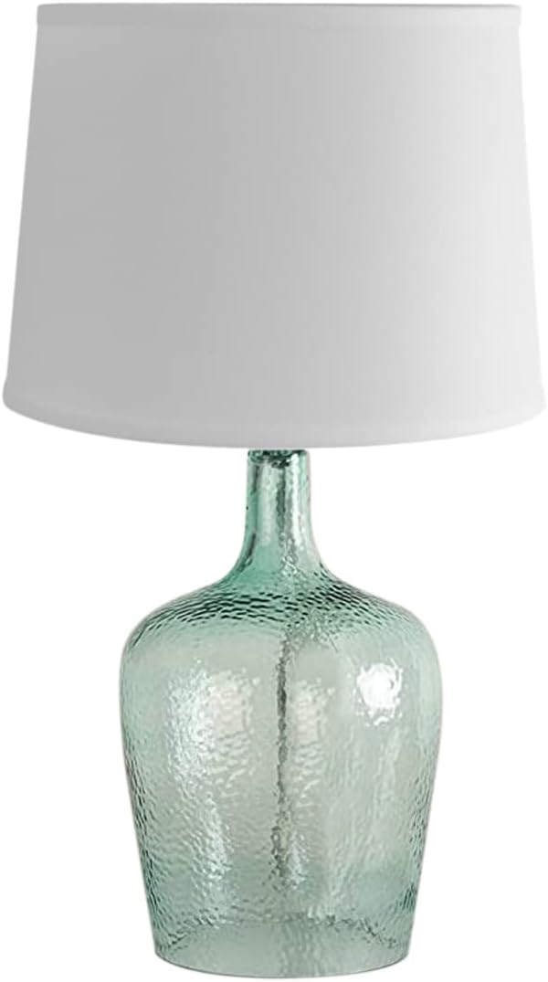 19" h Artisanal Hand-Blown Aqua Green Sea Glass Coastal Style Table Lamp, White Linen