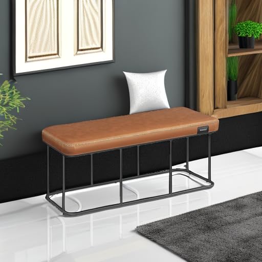 Collection - Bench for Entryway Bedroom, Synthetic Leather with Stitching, Ottoman Bench with Steel Frame, Living Dining Room, Mid-Century Modern, Loads 660 lb, Caramel Brown ULOM073K01