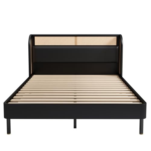 platform Bed Frame, Rustic & Bohemian Unique Style, Modern Rattan Wood Platform