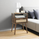 Mid Century Nightstand, Rattan Side Table with Drawer, Wood Modern Bedside