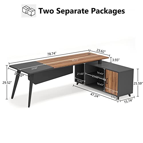 L-Shaped Executive Computer Desk – 78.74" Large Office Desk with File Cabinet