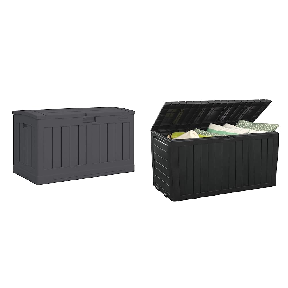 50-Gallon Outdoor Resin Patio Deck Storage Box with Seat, Peppercorn & Keter Marvel