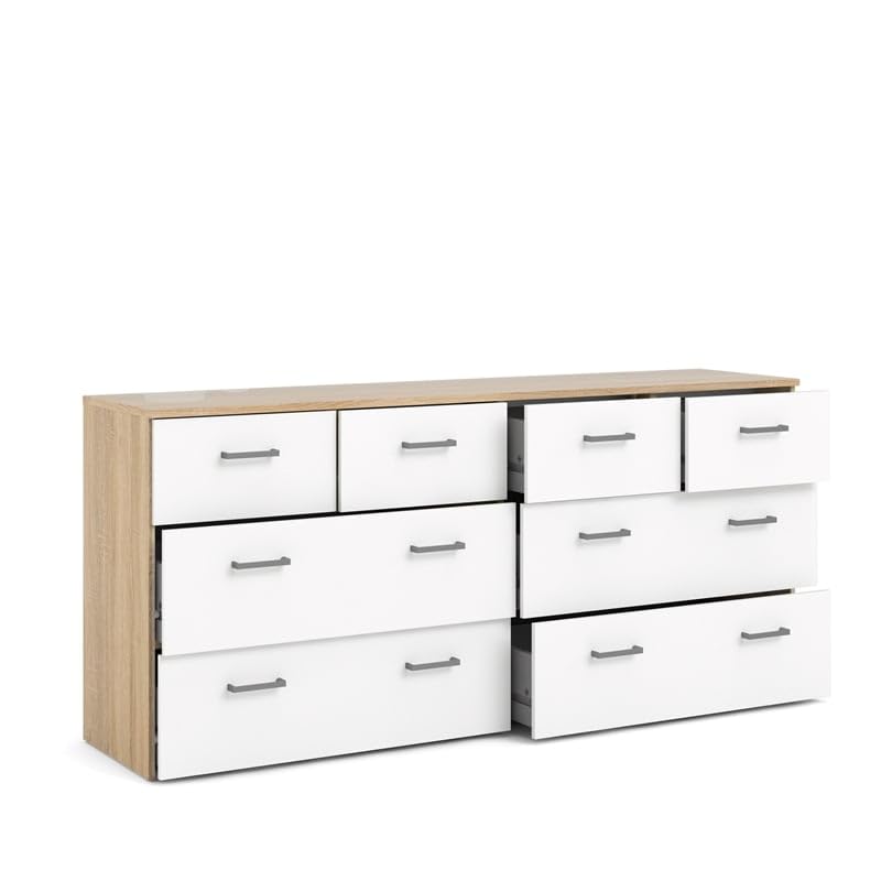 8 Drawer Double Dresser, Oak Structure, White