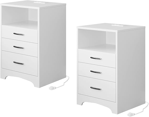 White Nightstand with Charging Station, Modern End Side Table with 3 Drawers, Wooden