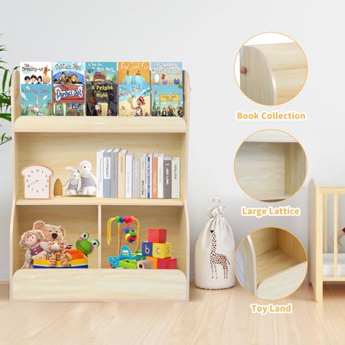Bookshelf & Montessori Toy Storage Cubby, 3 Tiers Children Wooden Bookcase