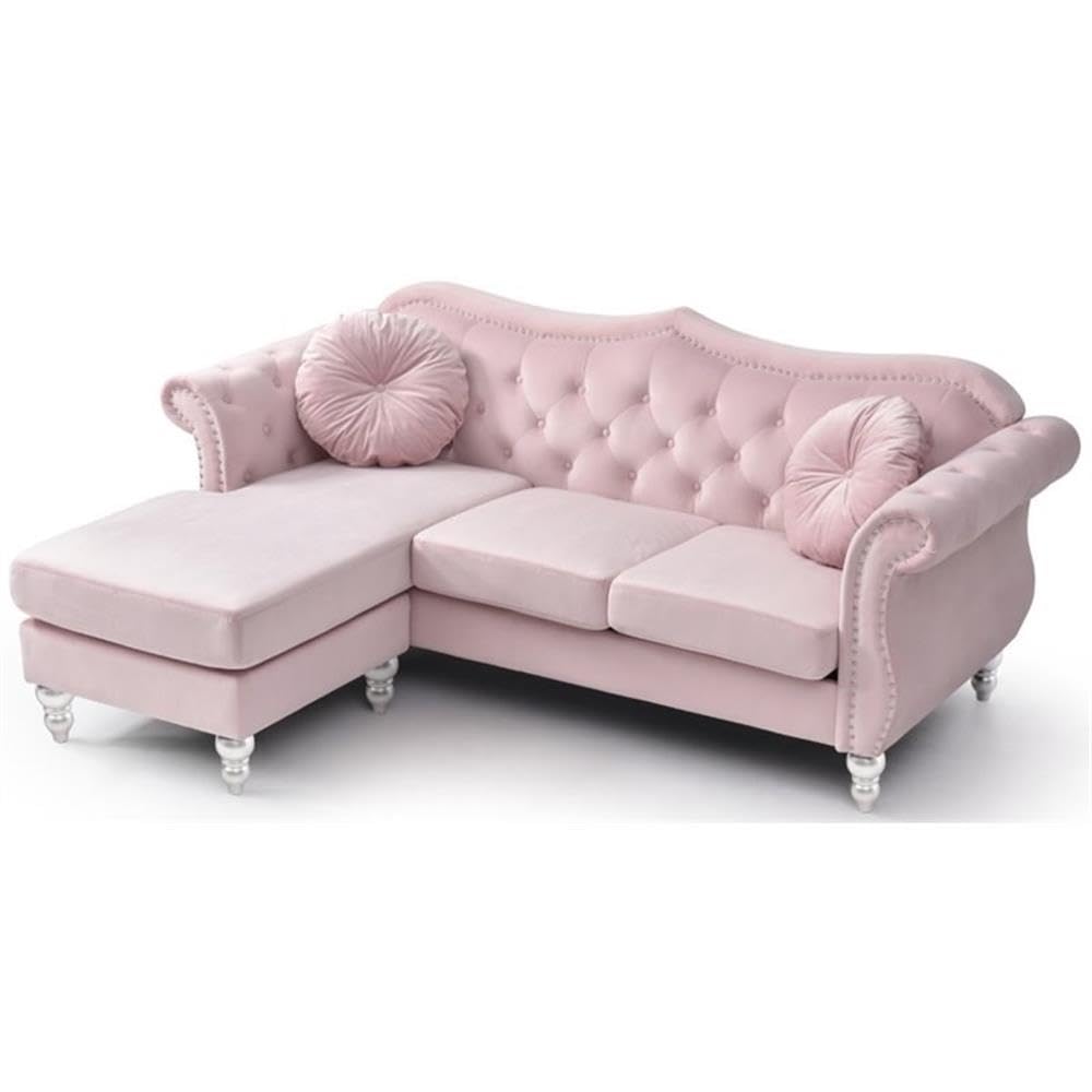 Transitional Velvet Back Tufted Sofa Chaise in Pink