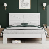 Queen Size Farmhouse Wooden Bed Frame with Headboard - White