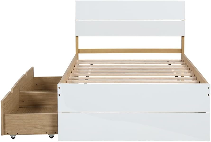 Bed Frame, with 2 Drawers, White High Gloss Headboard Footboard, No Spring Box Needed,