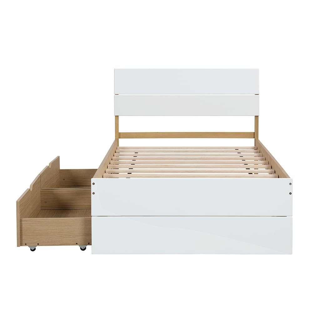 Bed Frame, with 2 Drawers, White High Gloss Headboard Footboard, No Spring Box Needed,