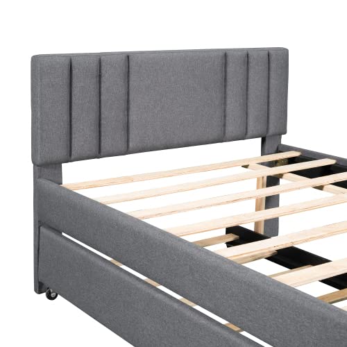 Upholstered Platform Bed Frame with Pull Out Trundle and Two Drawers,Multifunctional