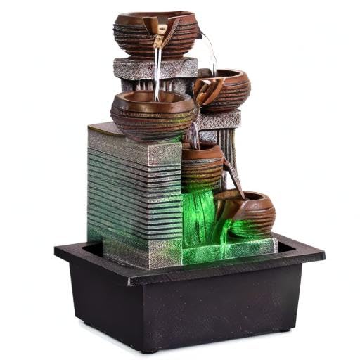 Indoor Fountains and Waterfalls from 5-Tiered Pots-12”H Tabletop Water Fountain-Desk Fountain-Office Decor with Audible Calming Waterfall Sounds-Zen Fountain with Color Lights