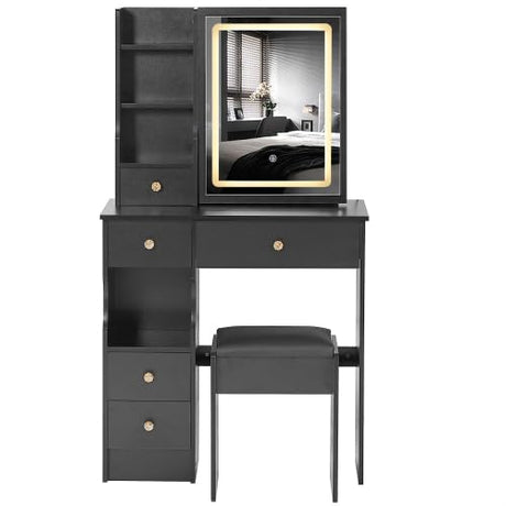 Desk with Sliding Mirror and Lights, Small Vanity Table with 5 Drawers & Cushioned Stool,