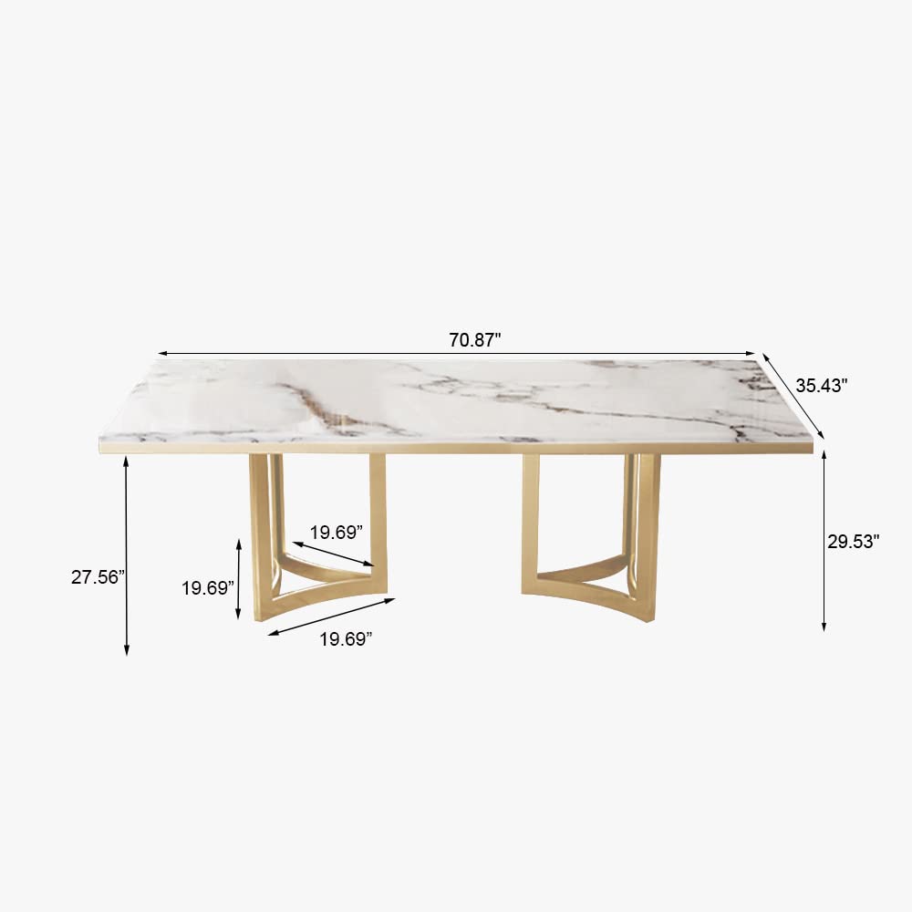 Dining Room Table Set for 6, Rectangular Marble Table with Chairs, Glossy White Tableop,