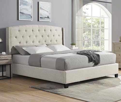 Wood Full Size Bed Frame, Mid Century Modern Platform Bed with Headboard