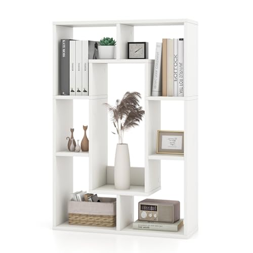 7 Cube Storage Organizer, Geometric White Bookshelf with Storage, Wood Open