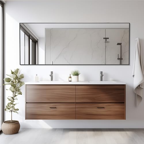 64×21 Inch Large Hanging Wall Mirror - Black Aluminum Frame