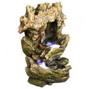 32" Cottage Log Garden Fountain: Tiered Outdoor Water Feature for Gardens & Patios. Weatherproof Resin, Hand-Crafted, w/LED Lights.