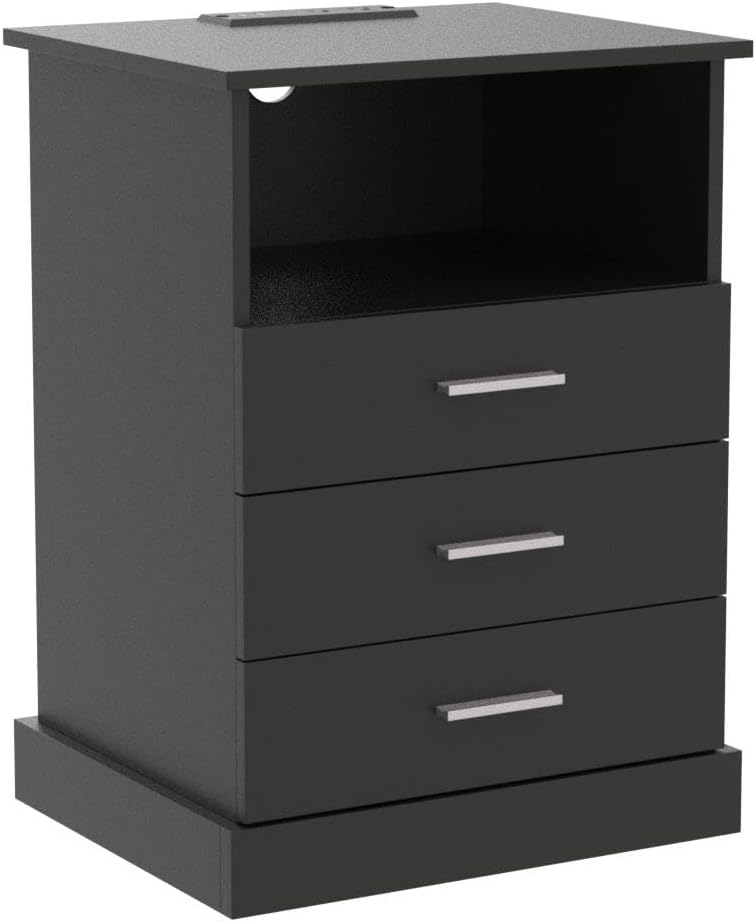 Black LED Nightstand with Charging Station, Side Table with 3 Drawers and Light, End