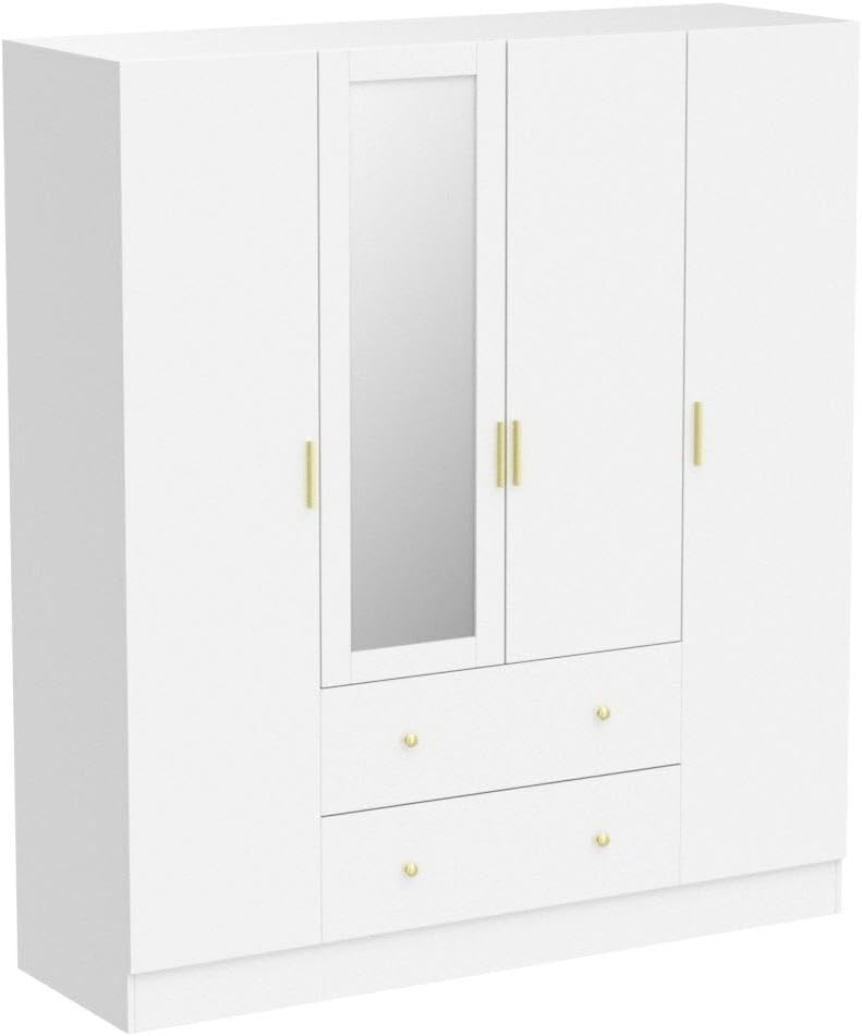 Wardrobe Armoire with Mirror, 5-Tier Shelves, 2 Drawers, 2 Hanging Rods and 4 Doors