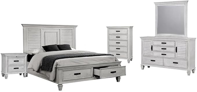 Franco Queen Bed 5-Piece Set, Distressed White