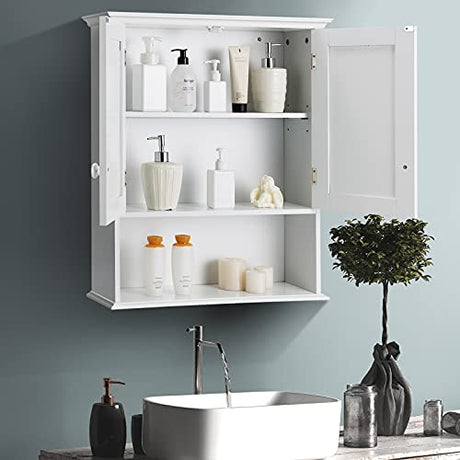 GLACER Wall Mount Bathroom Cabinet, Medicine Cabinet with Open Storage Shelf, Inner Adjustable Shelf, Bathroom Organizer Cupboard with Double Door, Compact Cottage Collection Wall Cabinet (White)