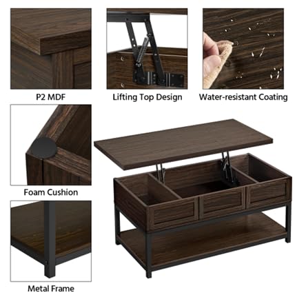 Lift Top Coffee Table with Hidden Compartments & Bottom Open Shelf