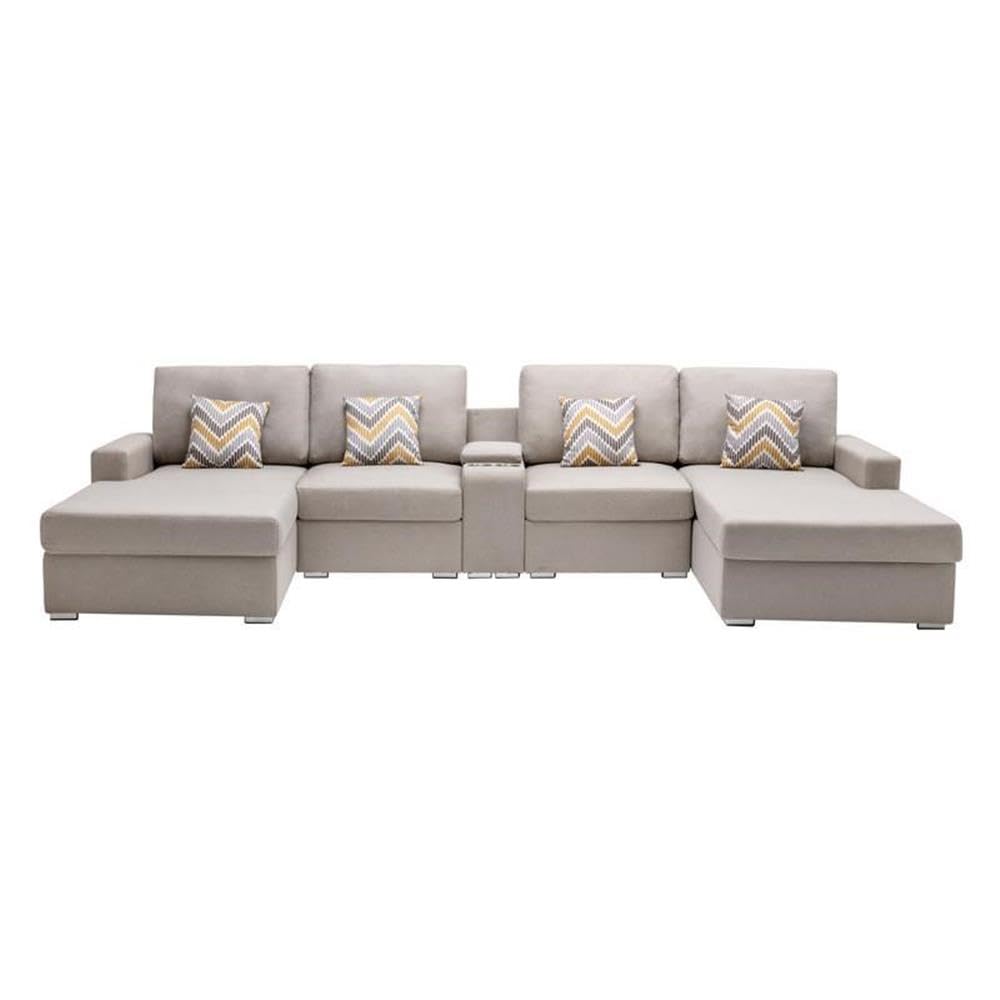 Nolan Beige Linen Fabric 5Pc Double Chaise Sectional Sofa