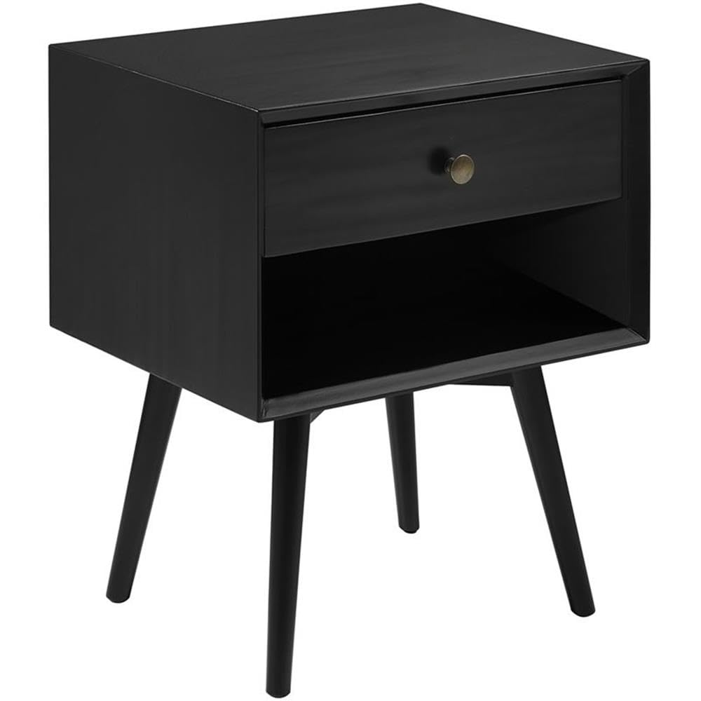 Ella Mid Century Modern 1 Drawer Solid Wood Nightstand, 1 Pack, Black