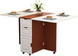 Folding Dining Table, Solid Wood Rectangle Versatile Dinner Table with Wheels and Storage Racks,