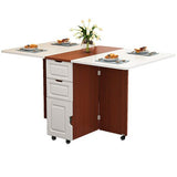 Folding Dining Table, Solid Wood Rectangle Versatile Dinner Table with Wheels and Storage Racks,