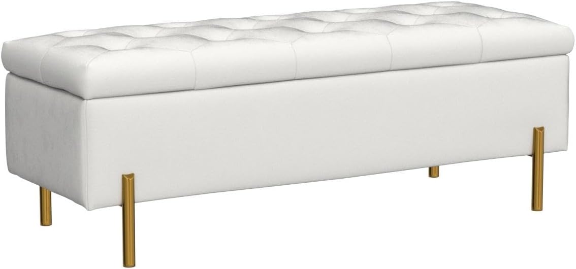 Velvet Storage Bench, Modern Bedroom Bench, Upholstered Tufted Large Settee Ottoman with Storage Bench for Bedroom,Living Room,Entryway, Ivory