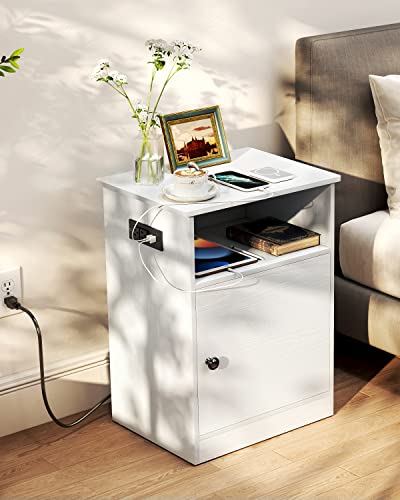 Narrow End Table with Charging Station, Side Table, Flip Top, Shelf and USB Ports Nightstand for Living Room, Bedroom