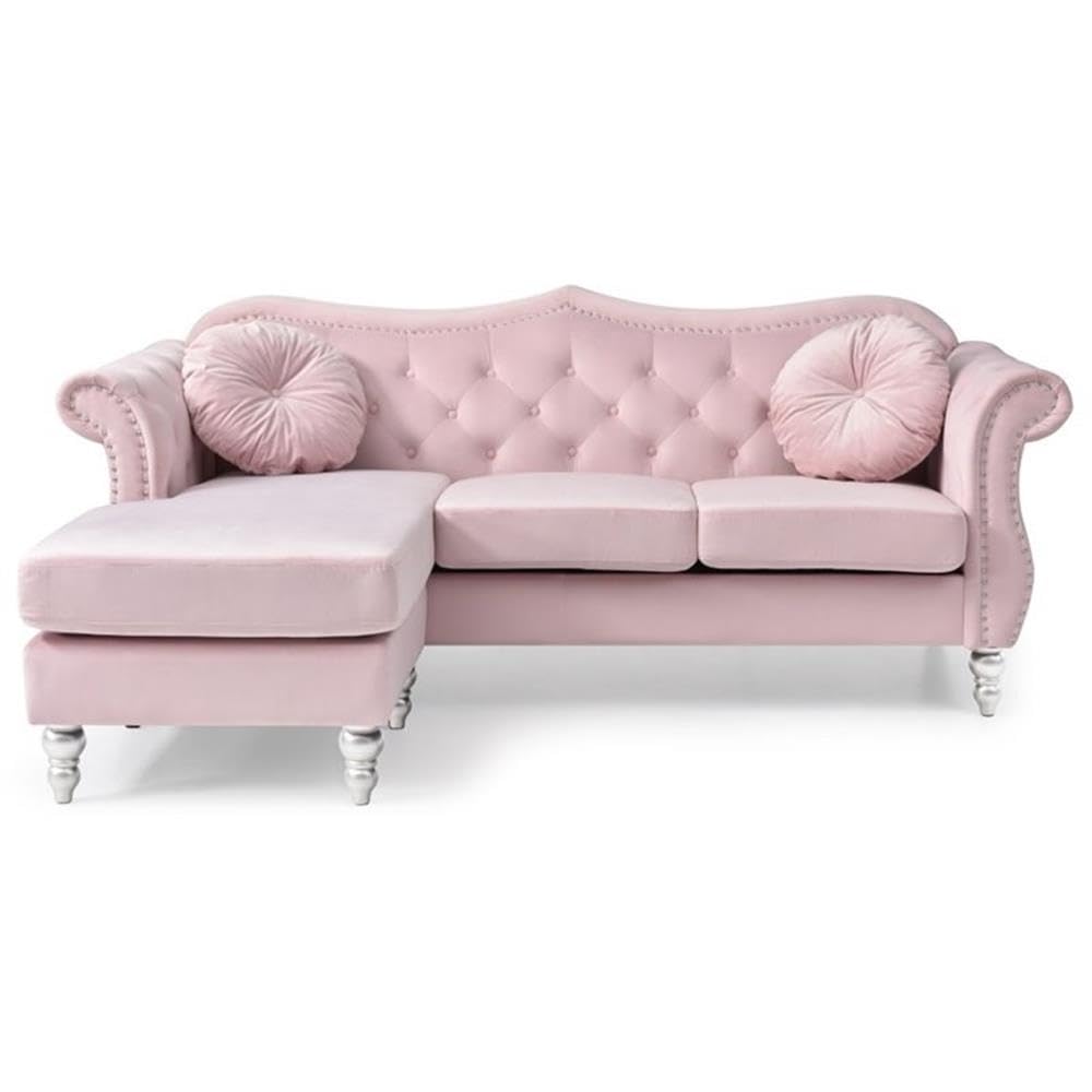 Transitional Velvet Back Tufted Sofa Chaise in Pink