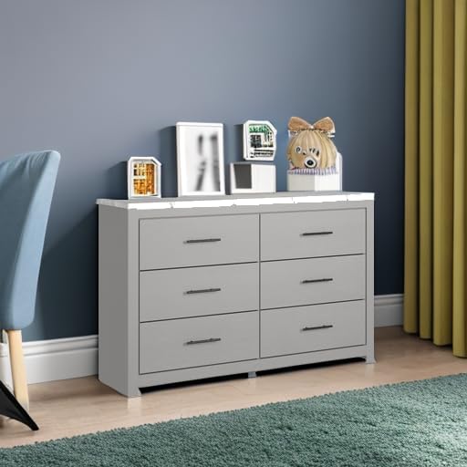 Cottonburg Modern Six Drawer Dresser with Faux Marble Top, Light Gray