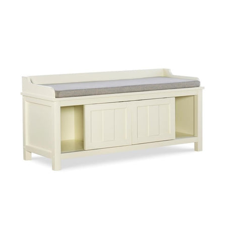 Storage Bench Padded Seat Sliding Doors in White