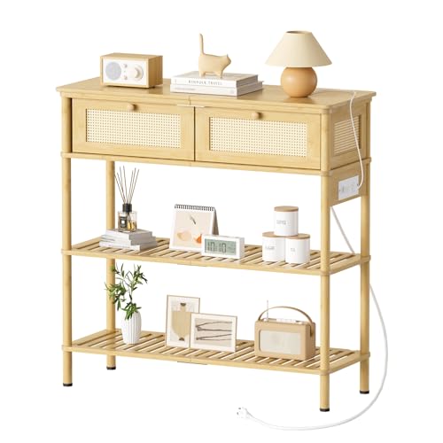 Bamboo Console Table with Drawers and Power Outlets
