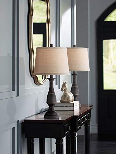 Regency Hill Ben Farmhouse Traditional Table Lamps 25" High Full Size Set of 2 Dark Bronze Brown Metal Beige Linen Drum Shade Decor for Living Room Bedroom House Bedside Nightstand Home Office