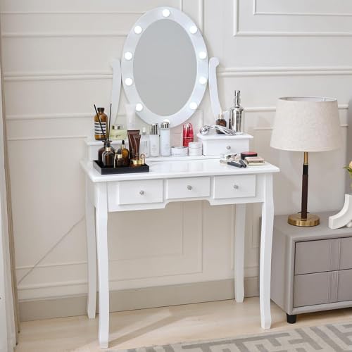 White Makeup Vanity with Lighted Mirror, Round Led Mirror Vanity