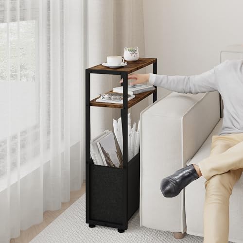 Narrow Side Table, Slim End Tables with Fabric Basket, Skinny Table for Small Spaces